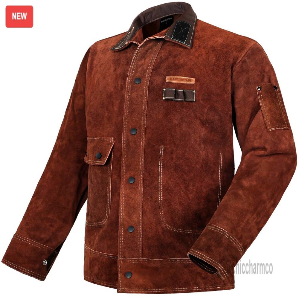 Heavy Duty Leather Welding Jacket Flame Resistant Protective Workwear Utility